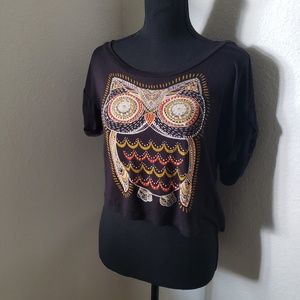 New Rhinestone Studded Owl Crop Top